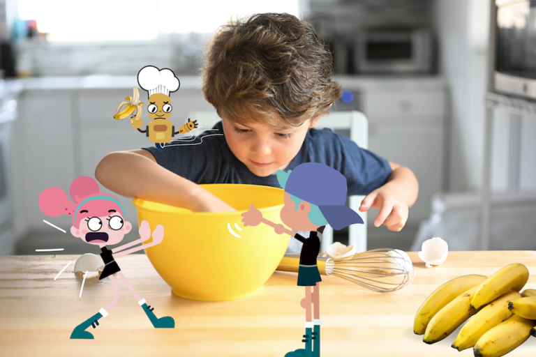 enfant qui apprend l'anglais en cuisinant un banana bread